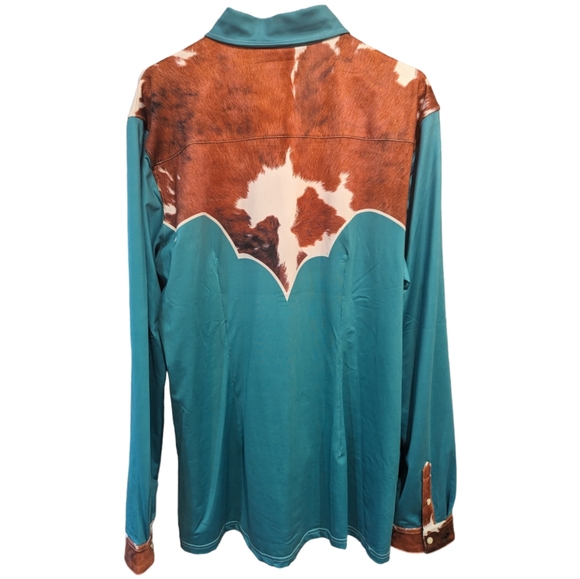 RANCH DRESS'N Fallon Taylor "Cowhide & Teal" Performance Rodeo Cowgirl shirt 3XL - Picture 8 of 12